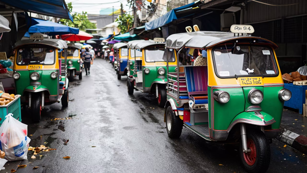 Rain-soaked tuk-tuk on Bangkok market street in along a market-lined side street in Bangkok
