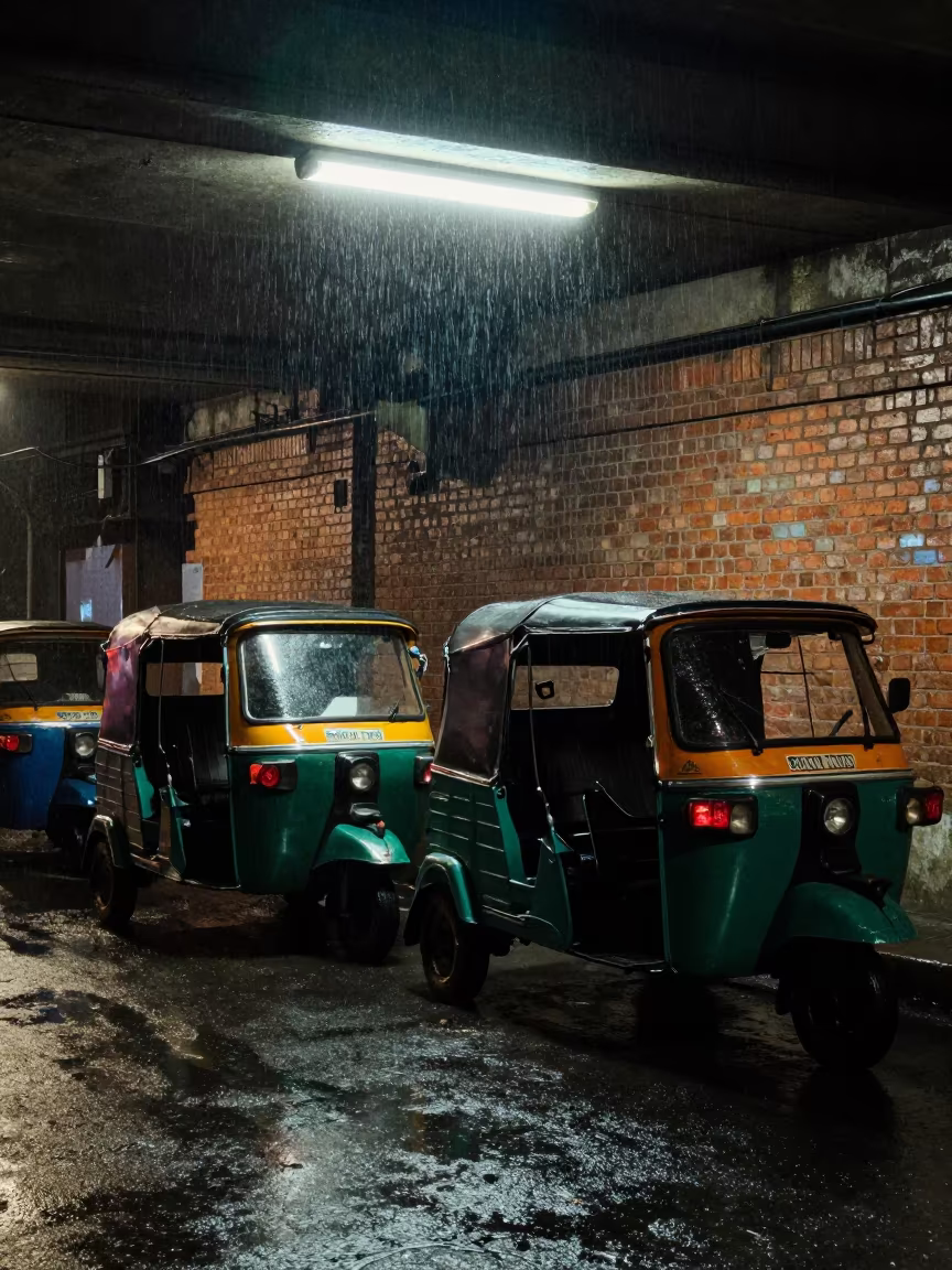 Rain Soaked Tuk Tuk Under Chandni Chowk Light in beneath a flickering underpass light in Chandni Chowk, Delhi