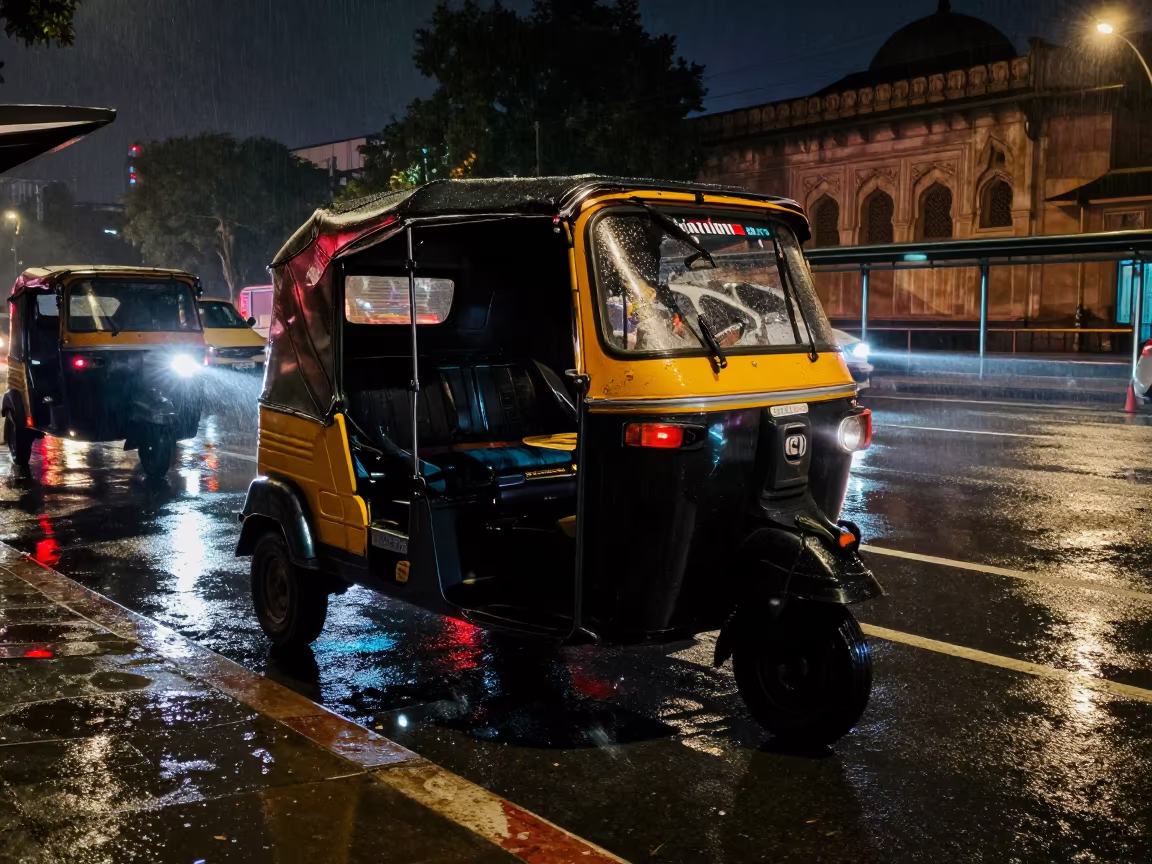 Rain-Soaked Tuk-Tuk at Delhi Tram Stop in at a tram stop in Jama Masjid, Delhi