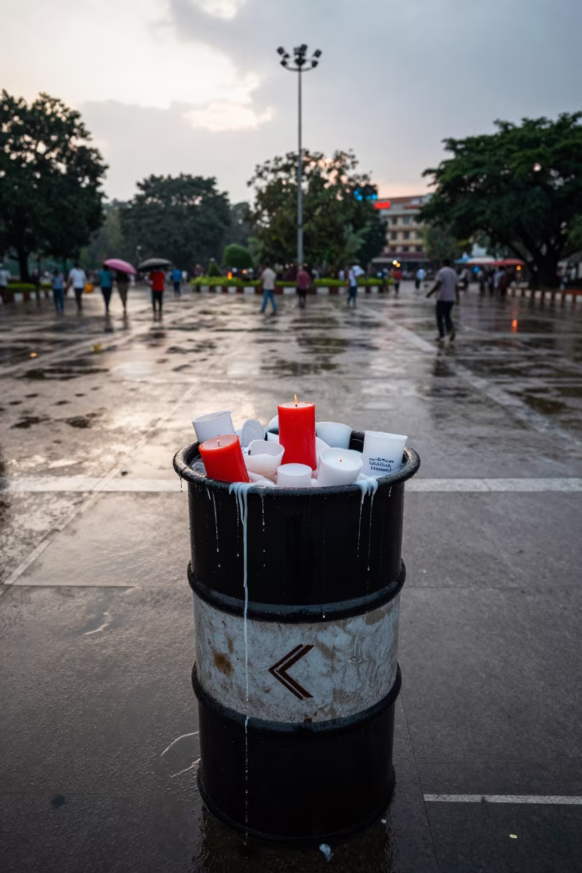 Rain-Soaked Vigil Candles in Ranchi Plaza Barrel in in a public square in Ranchi