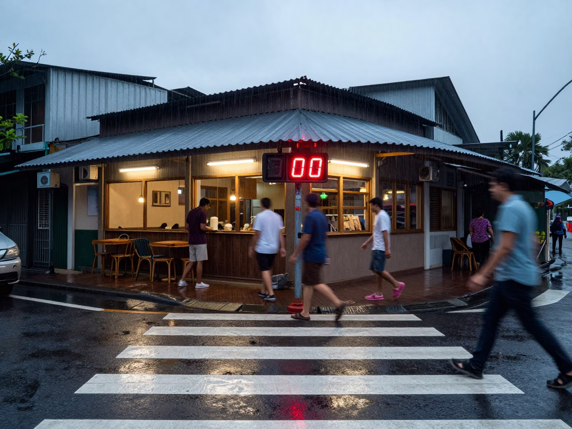 Rain-Soaked Yangon Crosswalk Timer Late Afternoon in outside a corner cafe in Yangon