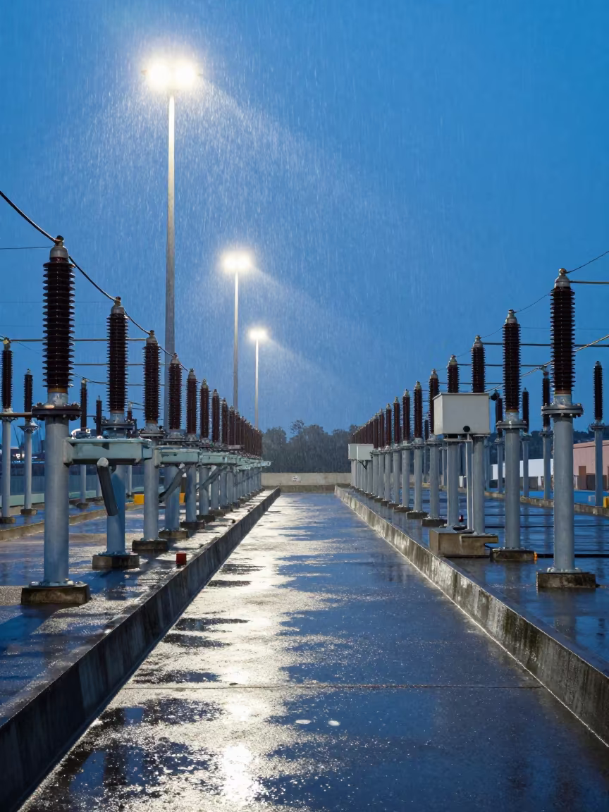 Rain-Sparking Insulators at Madrid Dam Blue Hour in along a dam spillway in Salamanca, Madrid