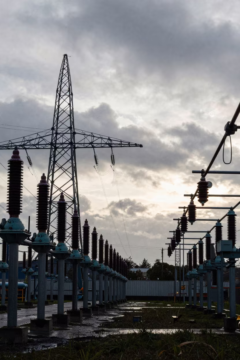 Rain-Sparking Insulators Under Tower Silhouettes in beneath transmission towers in Brittany