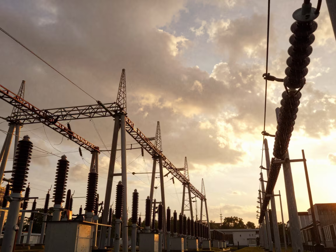 Rain-Sparkling Substation Insulators Under Golden Light in beneath transmission towers near Shanghai