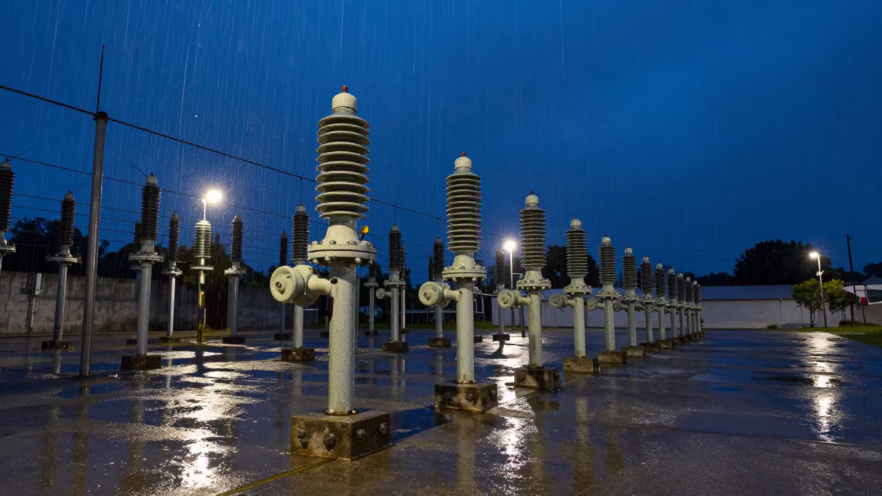 Rain-Sparkling Substation Insulators at Twilight in along a dam spillway in Morelia