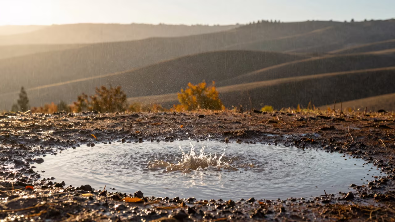 Rain Splashes on Puddle Before Sunrise in Algerian Foothills in from a ridge above layered foothills in Algeria