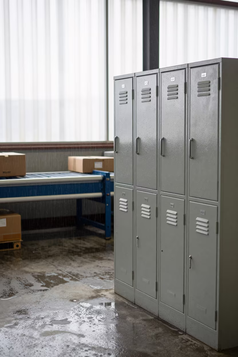 Rain-Spotted Locker Near Sorting Belt in Morning Light in at a parcel sorting belt near Victoria