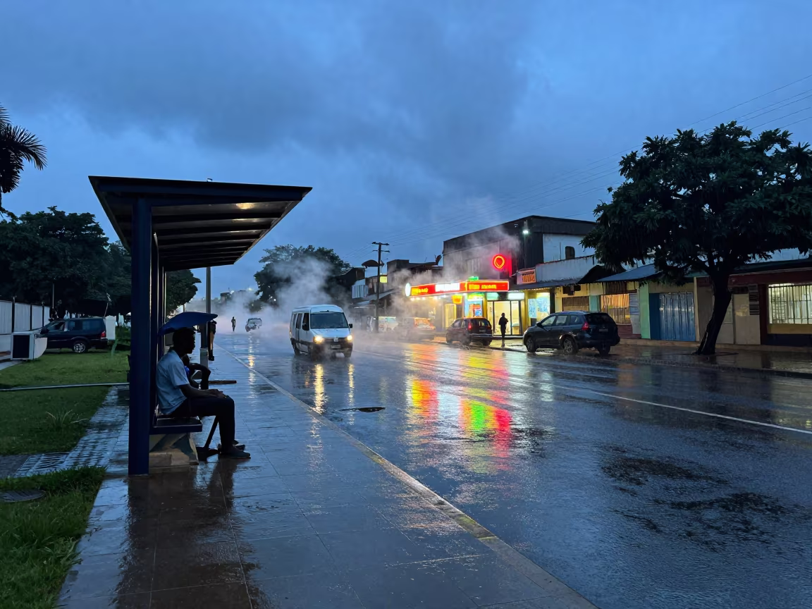 Rain and Steam at Bamako Tram Stop Blue Hour in at a tram stop in Bamako