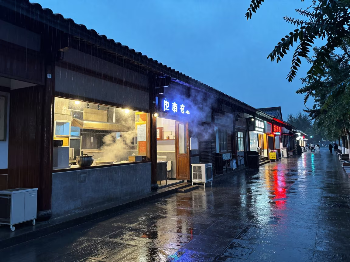 Rain and Steam at Jinan Night Market in along a market-lined side street in Jinan