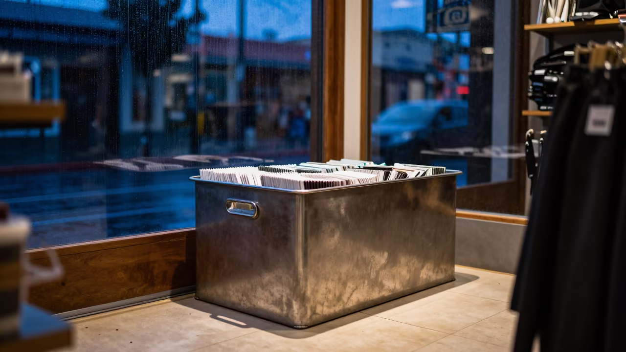 Rain on Storefront Glass After Sunset in outside a lit retail frontage after dark near Valparaiso