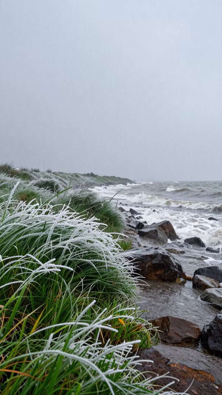 Rain Storm Sideways Over Armenian Shoreline in along a wave-cut shoreline in Armenia