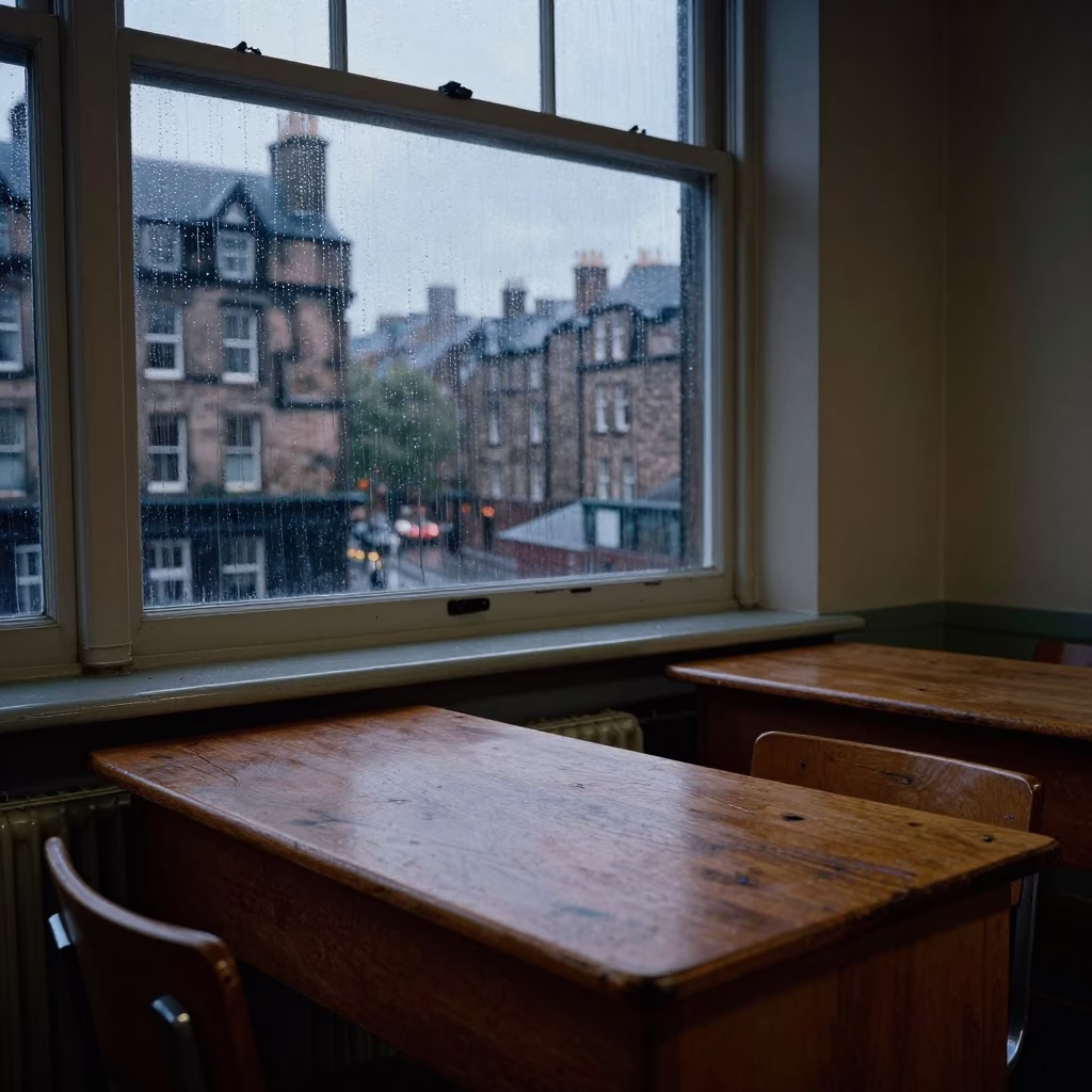 Rain-streaked classroom window exam desk in Edinburgh early evening in in Edinburgh, United Kingdom