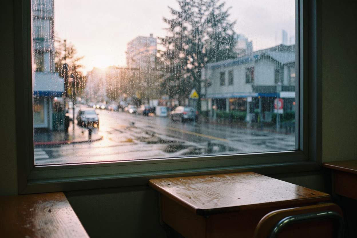 Rain-streaked Classroom Window Exam Desk Steam Haze Early Morning Vancouver in in Vancouver, British Columbia, Canada