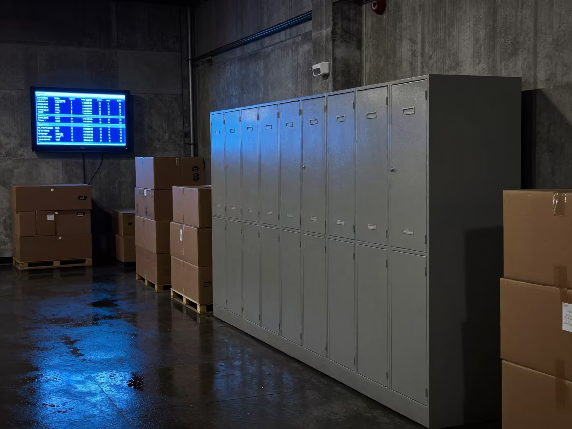 Rain Streaked Locker in Xiamen Warehouse Evening in at a fulfillment packing station in Xiamen