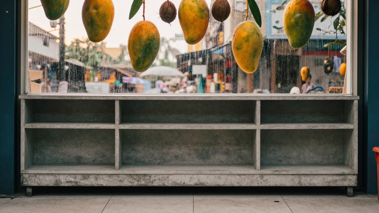 Rain Streaked Storefront With Floating Fruit Display in outside a shop window after rain in Ulhasnagar