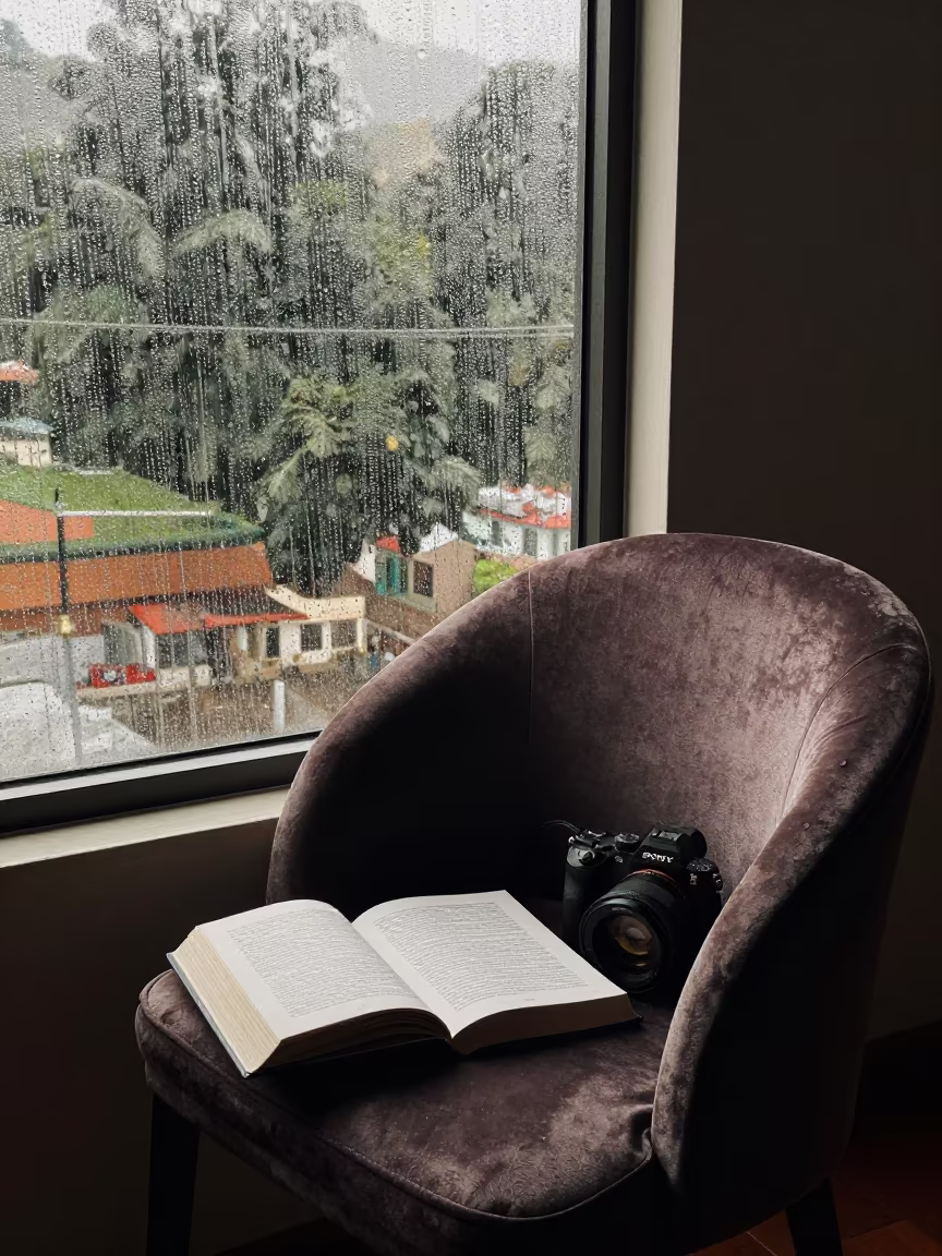 Rain Streaked Window Book on Velvet Chair in on a velvet chair in Mbuji-Mayi