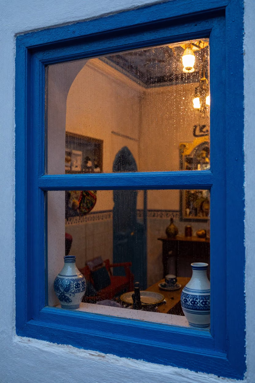 Rain-streaked Window in Essaouira in in Essaouira, Morocco