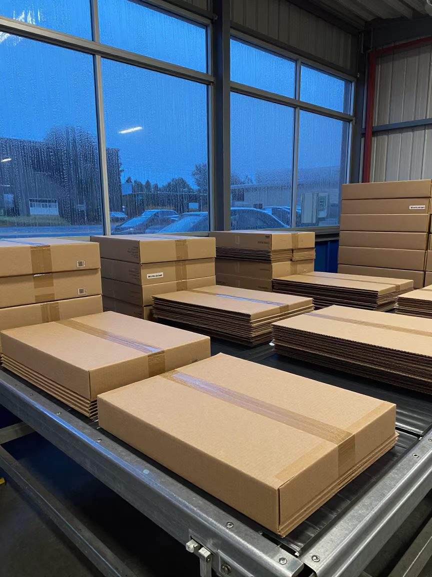 Rain Streaks Carton Samples on Sorting Belt Brampton in at a parcel sorting belt near Brampton