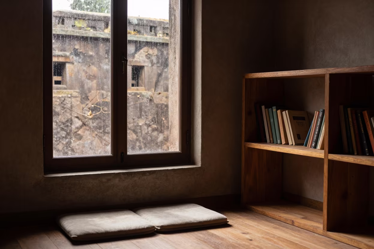 Rain Streaks Cushion Bookshelf Lalibela Noon in beside a rain-streaked window in Lalibela