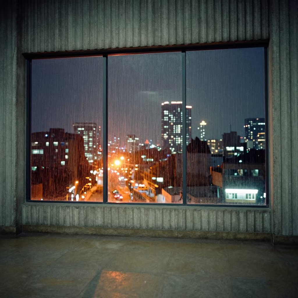 Rain Streaks Neon Addis Ababa Lobby in inside a ribbed concrete lobby near Kazanchis, Addis Ababa