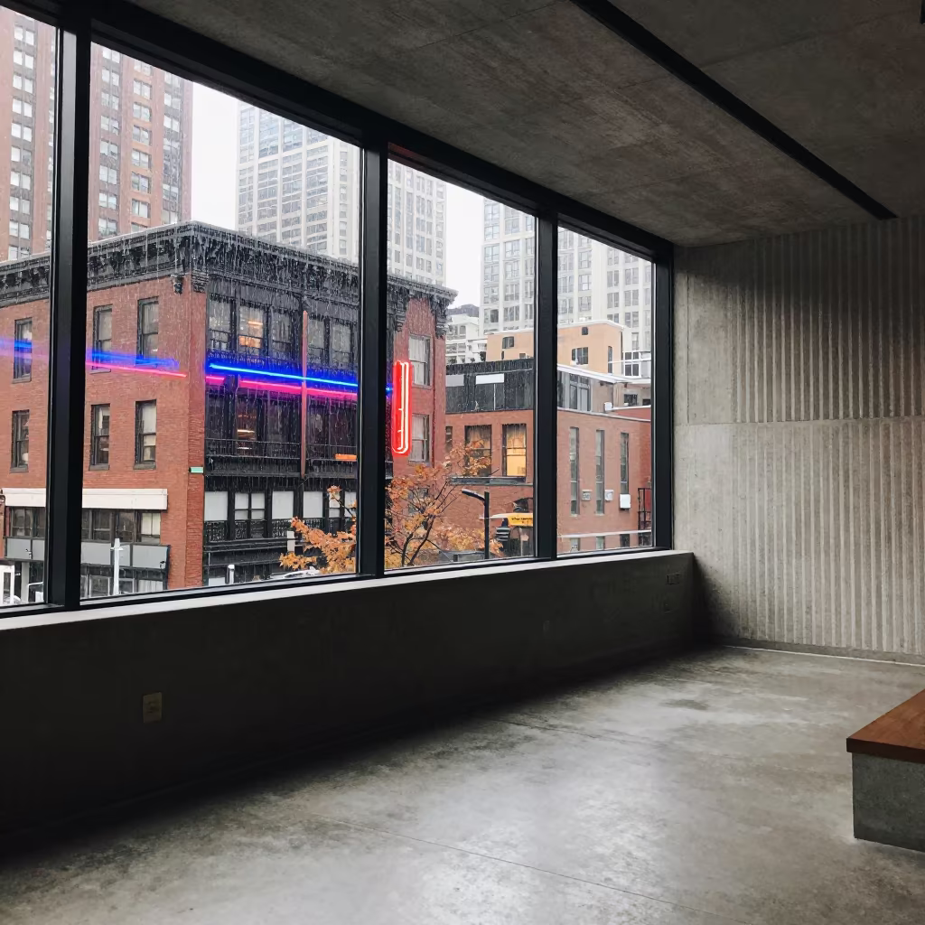 Rain Streaks Over Neon Cityscape in Chicago Lobby in inside a ribbed concrete lobby in Bucktown, Chicago