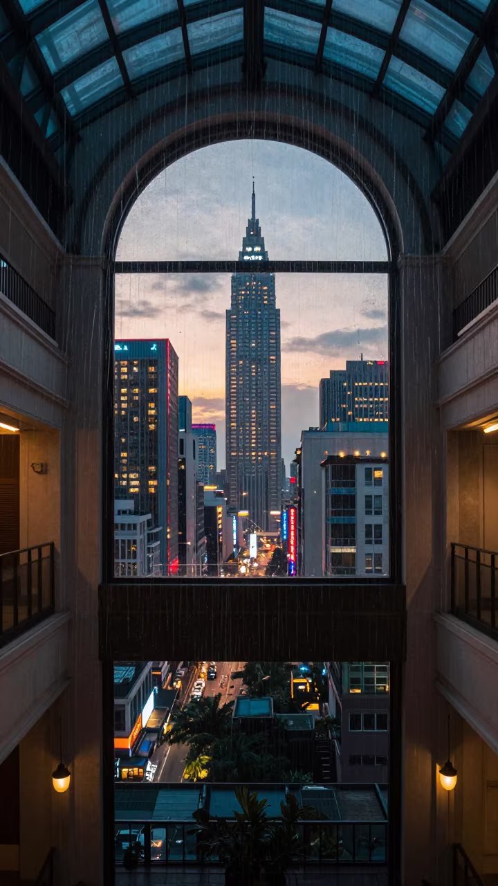 Rain Streaks Neon Cityscape Dawn Atrium in inside a vaulted atrium near Pakpattan