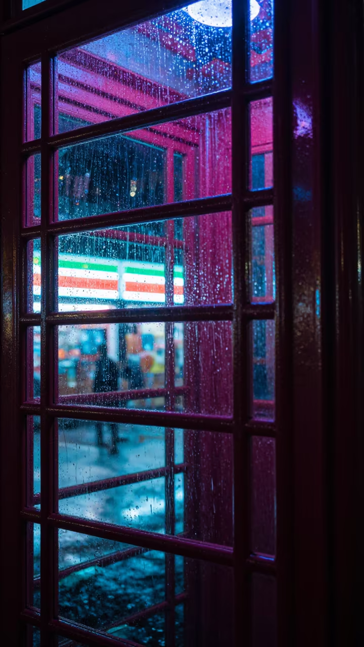 Rain Streaks on Phone Booth Glass Night in outside a fluorescent convenience store in Tijuana