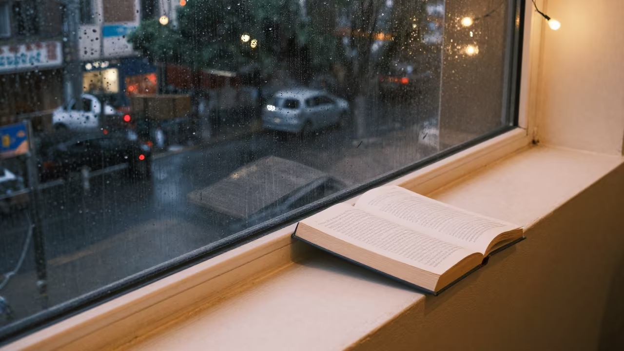 Rain Streaks Window Ledge with Book in on a painted display ledge near Ludhiana
