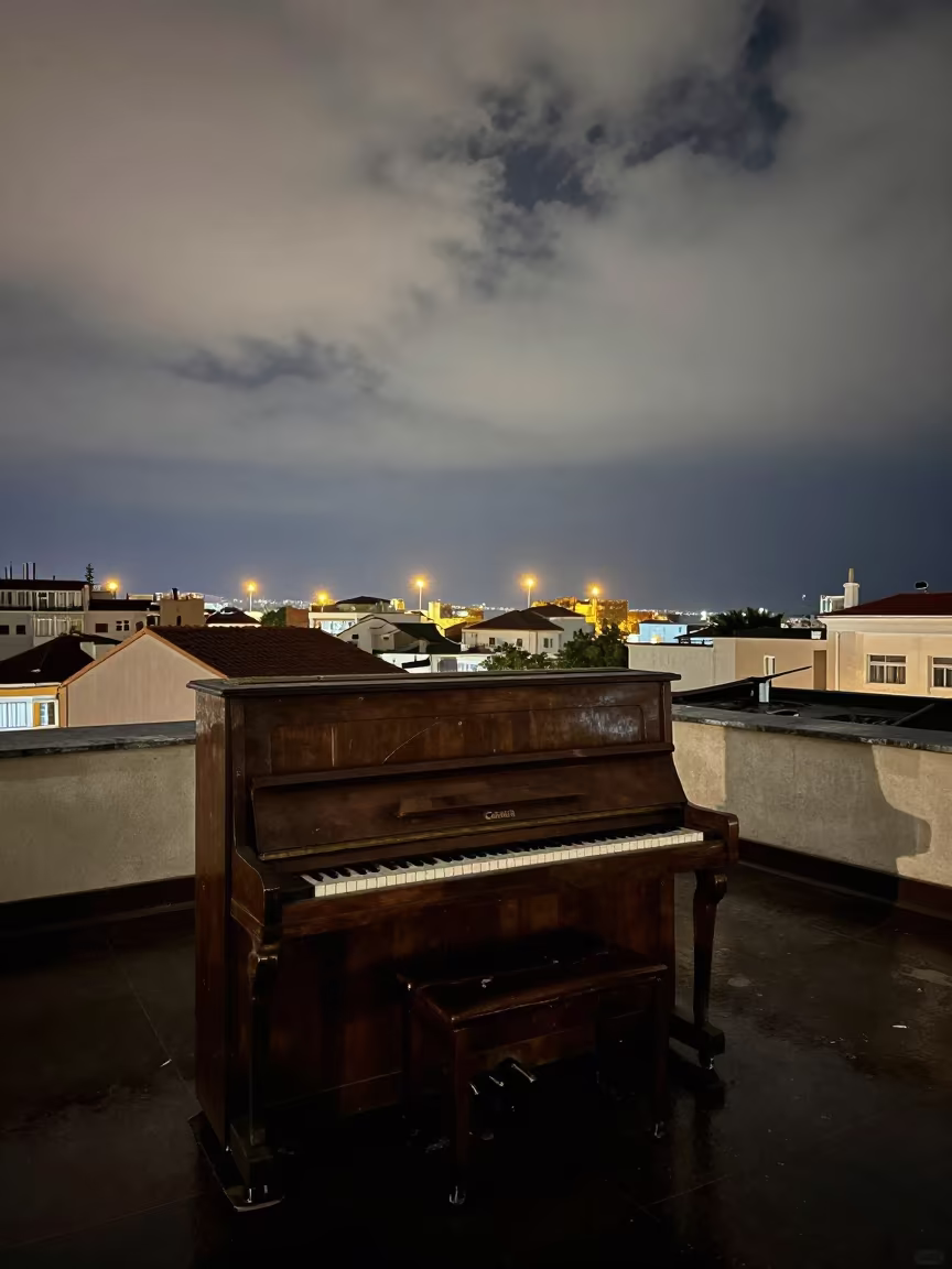 Rain Struck Piano in Rooftless Antalya Parlor in in a rehearsal room in Antalya
