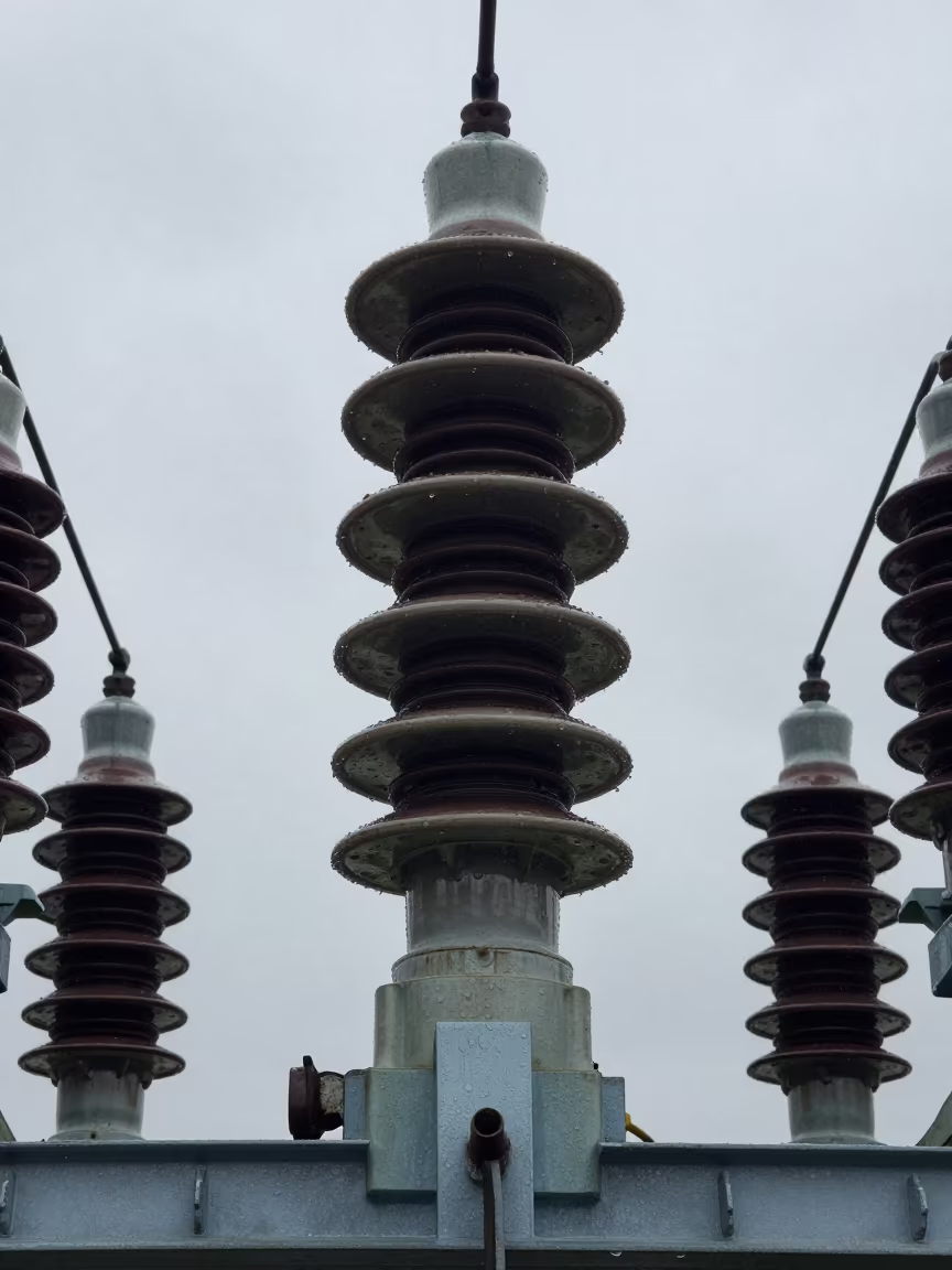 Rain Sparkling Substation Insulators Under Bridge in under a cable-stayed bridge span in Myanmar