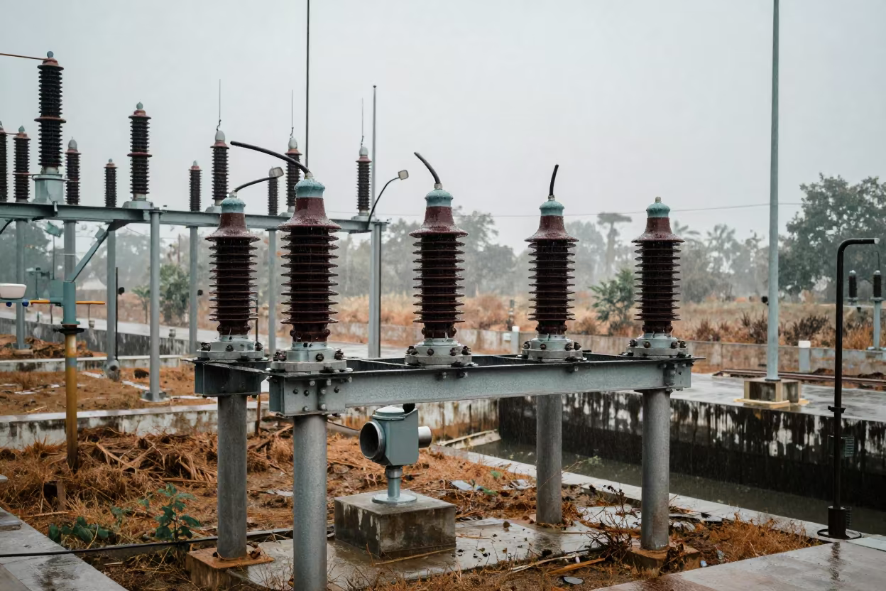 Rain Sparkling on Substation Insulators at Lock in at a canal lock chamber near Ranchi
