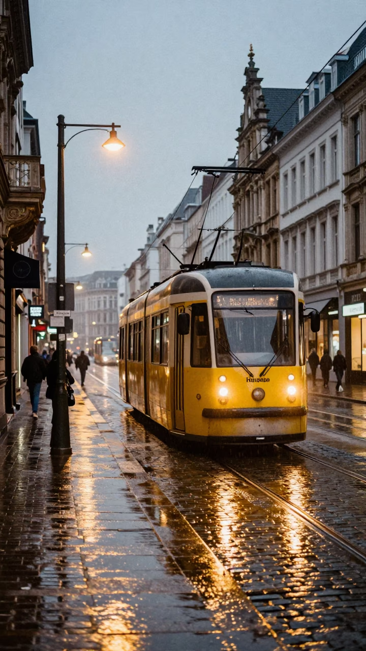 Rain-Swept Brussels Alleyway at Dawn with Heritage Tram and Raincoats in in Brussels, Belgium