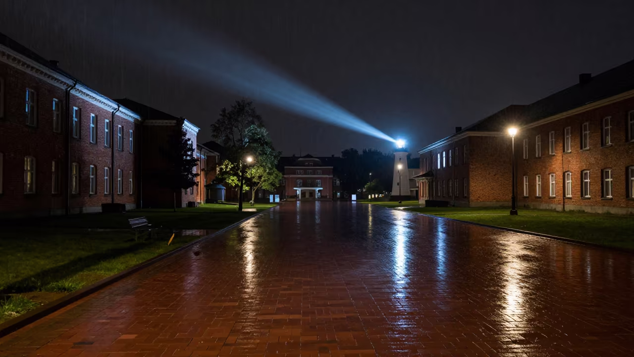Rain Swept Campus Quad Under Night Sky in along a schoolyard walkway in Kaunas