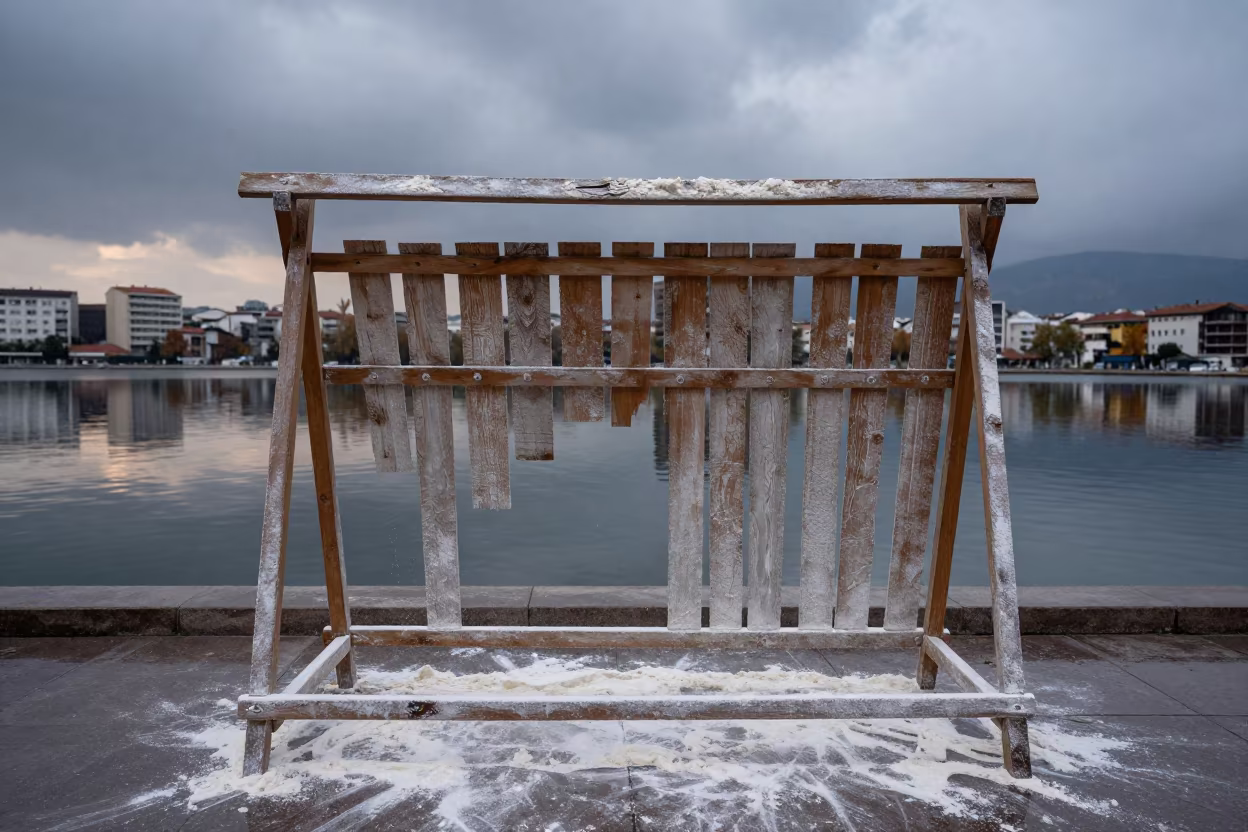 Rain-Swept Costume Rack at Tirana Waterfront in at a waterfront celebration near Tirana