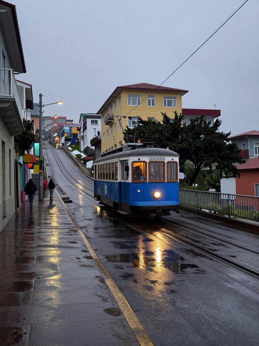 Rain-Swept Heritage Tram Crossing Coastal Promenade in Pre-Dawn Valparaiso Chile in in Valparaiso, Chile