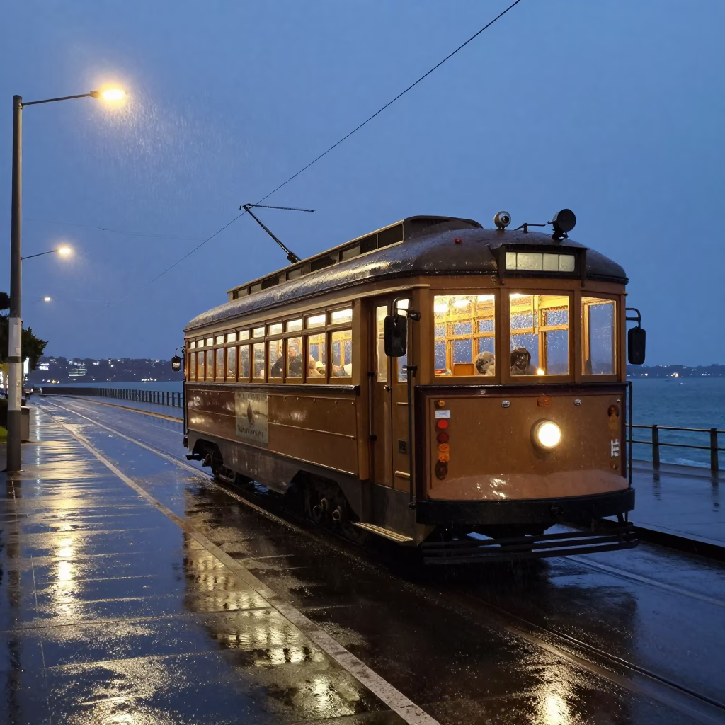 Rain Swept Heritage Tram on Auckland Coastal Promenade in Predawn Darkness in in Auckland, New Zealand