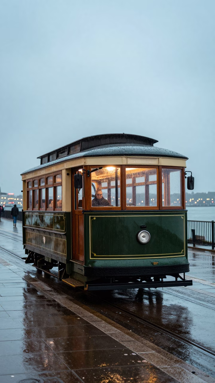 Rain-swept heritage tram on Bristol coastal promenade in early afternoon in in Bristol, United Kingdom