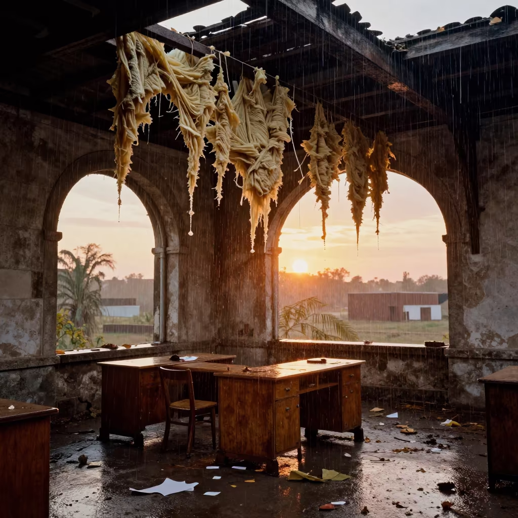 Rain-Swept Paper Mill Office in Argentine Hammam Ruin in inside a roofless hammam in Argentina