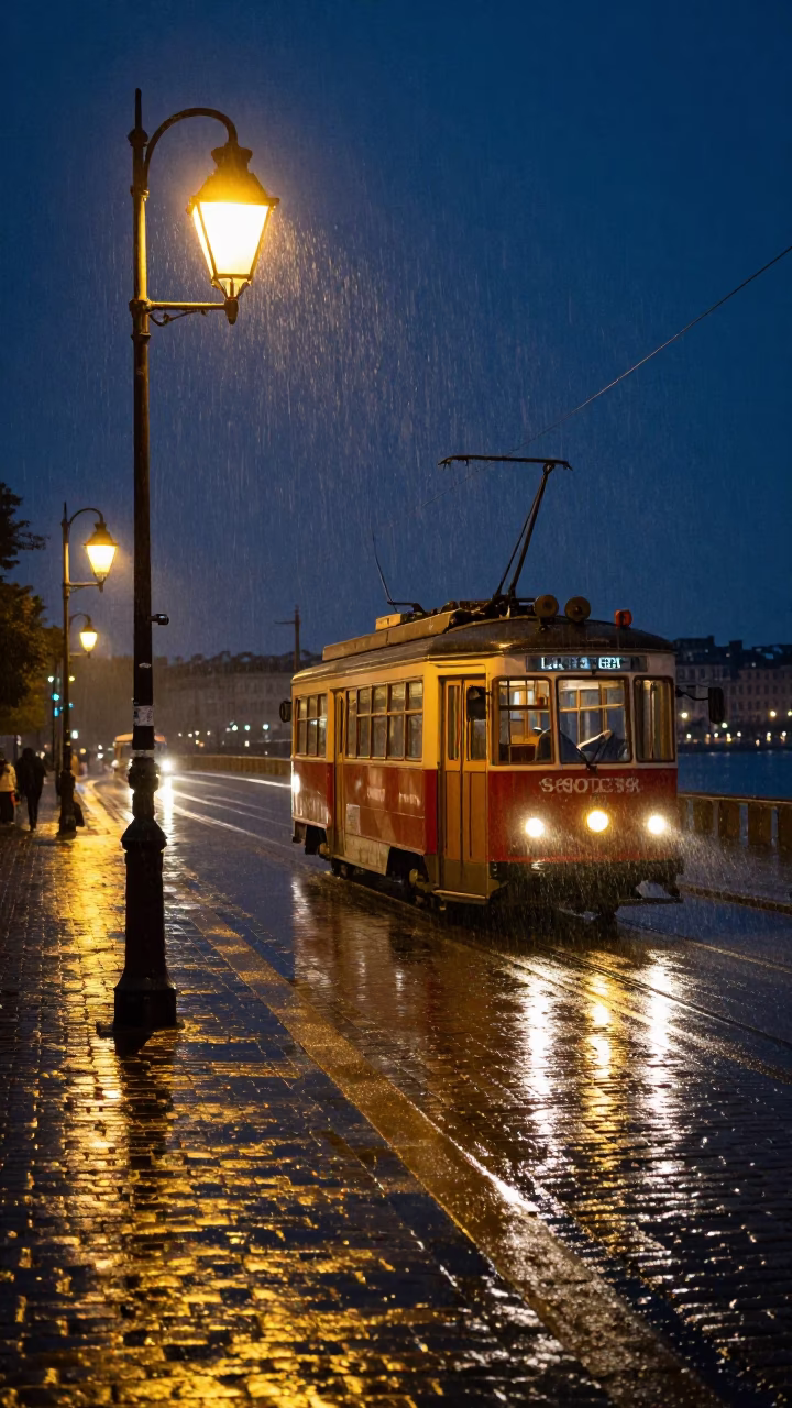 Rain-Swept Stockholm Night Scene With Vintage Tram and Condensation on Bench in in Stockholm, Sweden