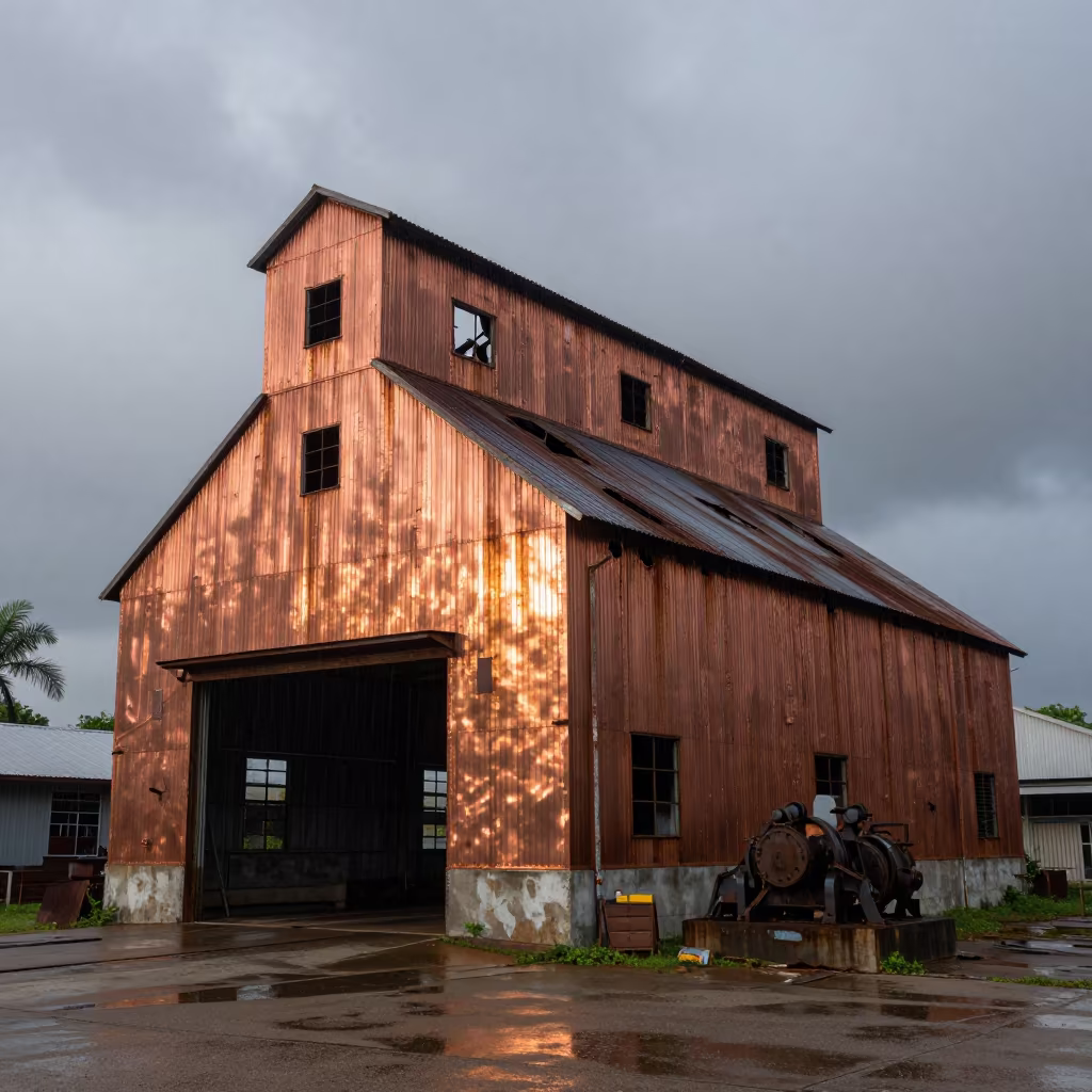 Rain Through Holes in Grain Warehouse Roof in at a loading dock near Krabi