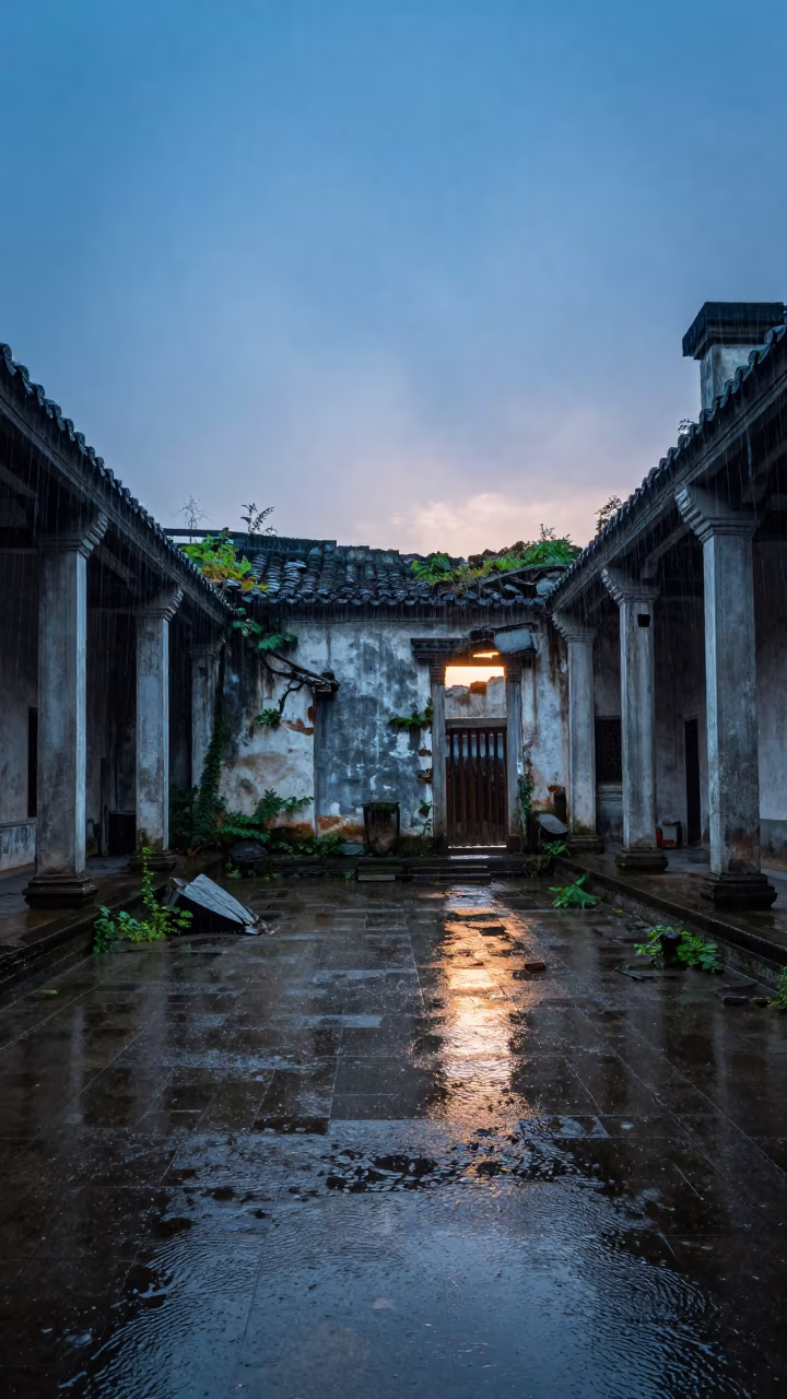 Rain Through Missing Roof in Guilin Ruin in among toppled columns and nettles near Guilin