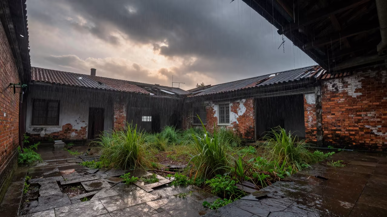 Rain Through Missing Roof in Singapore Courtyard in through a courtyard reclaimed by grasses in Singapore