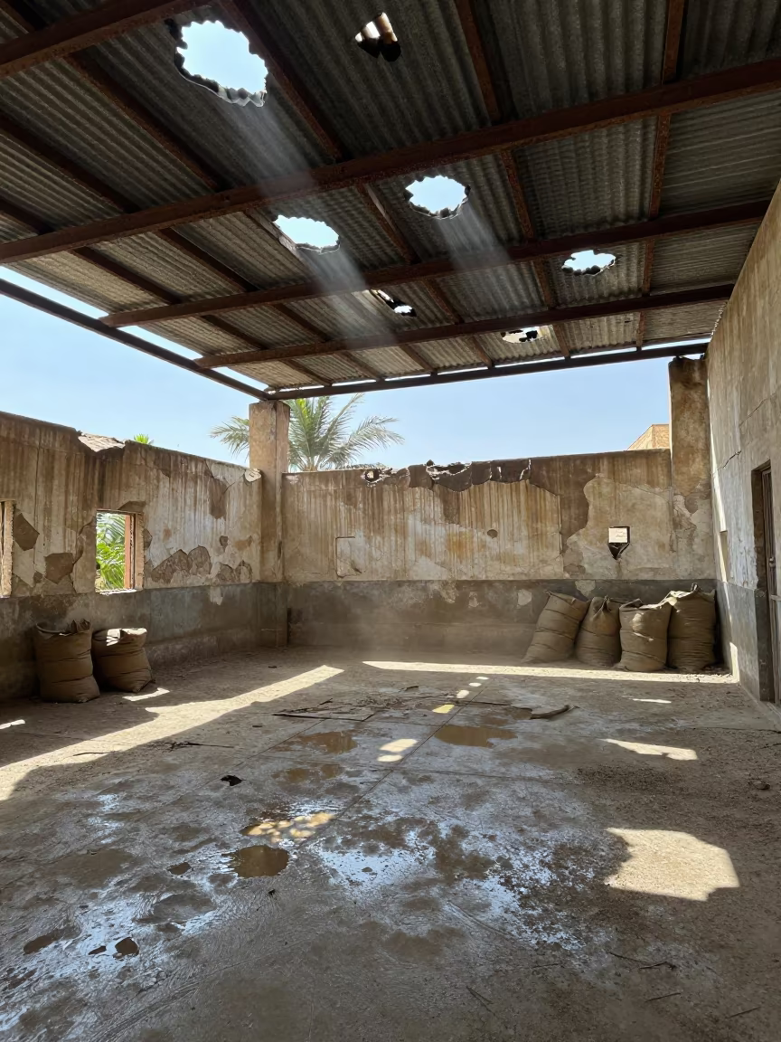 Rain Through Roof Holes in Cairo Grain Warehouse in on a quarry ledge near Cairo