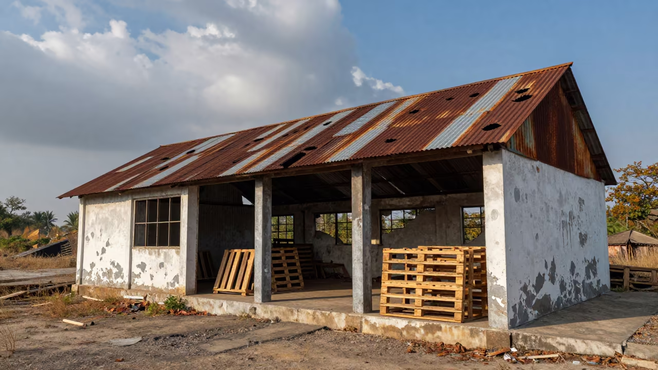 Rain Through Roof Holes in Derelict Grain Warehouse in on a quarry ledge near Amritsar