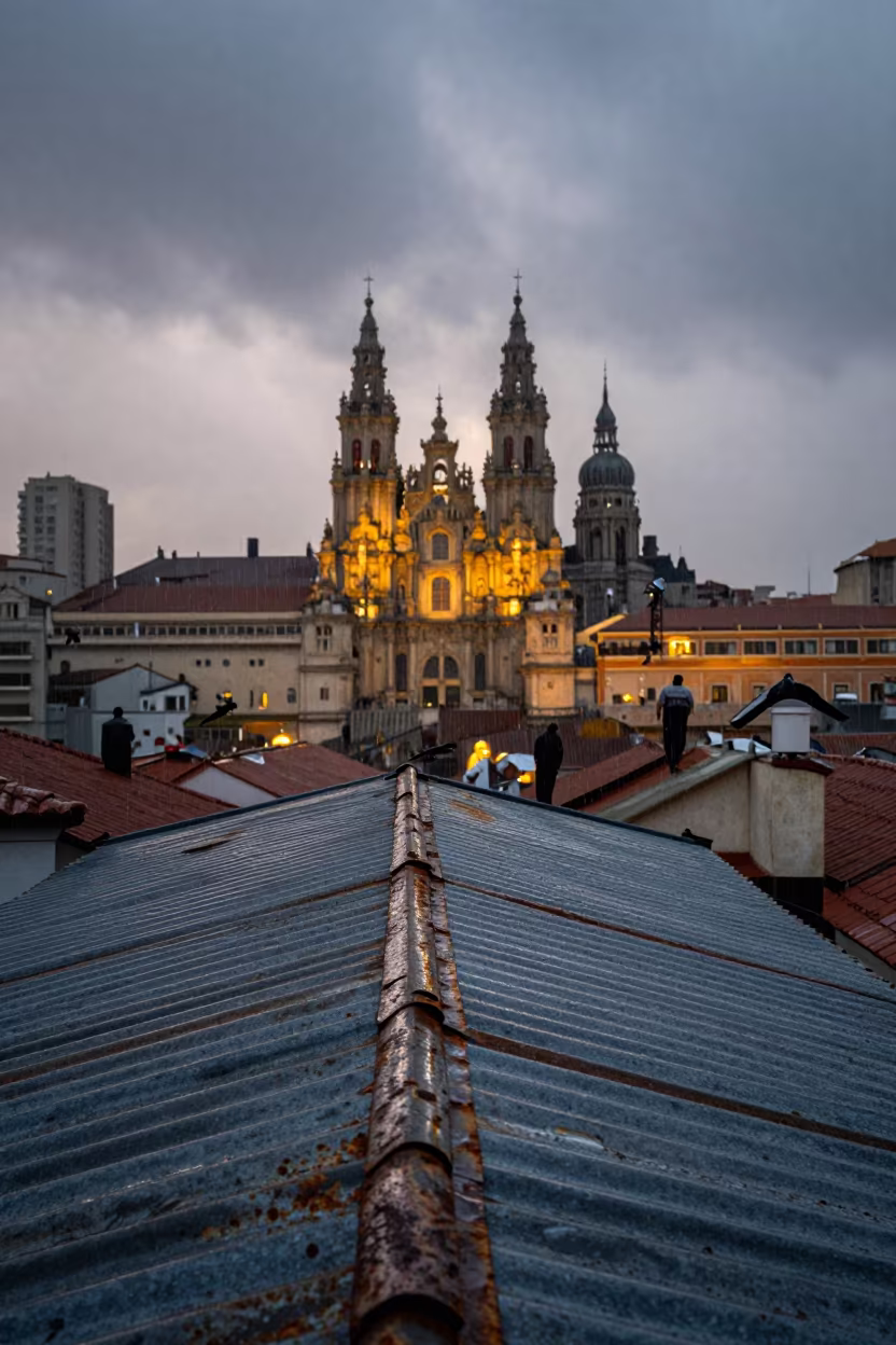 Rain on Tin Roof Backlit City Lights in near Santiago de Compostela