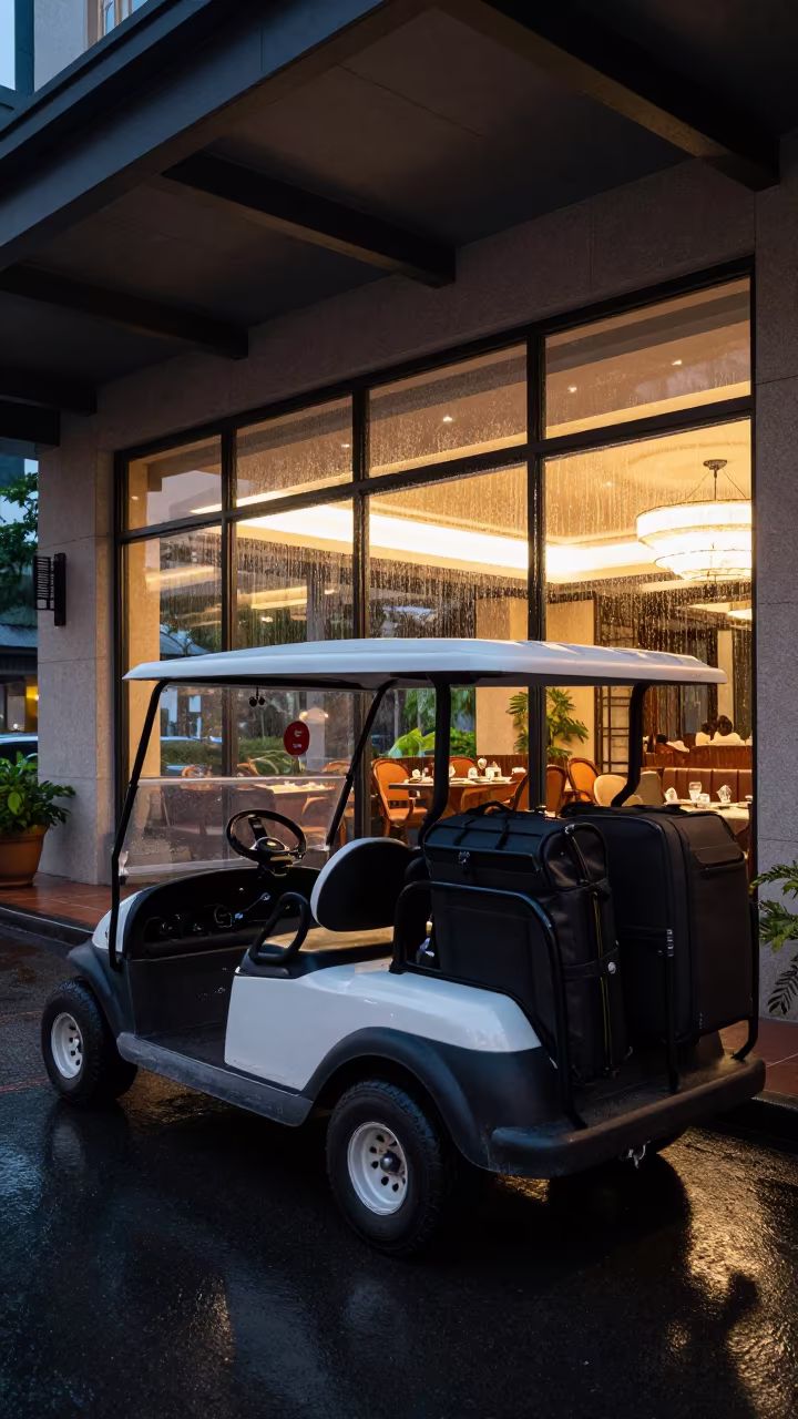 Rain Tracing Glass at Ho Chi Minh Hotel Valet in at a curbside valet stand outside a hotel entrance in Ho Chi Minh City