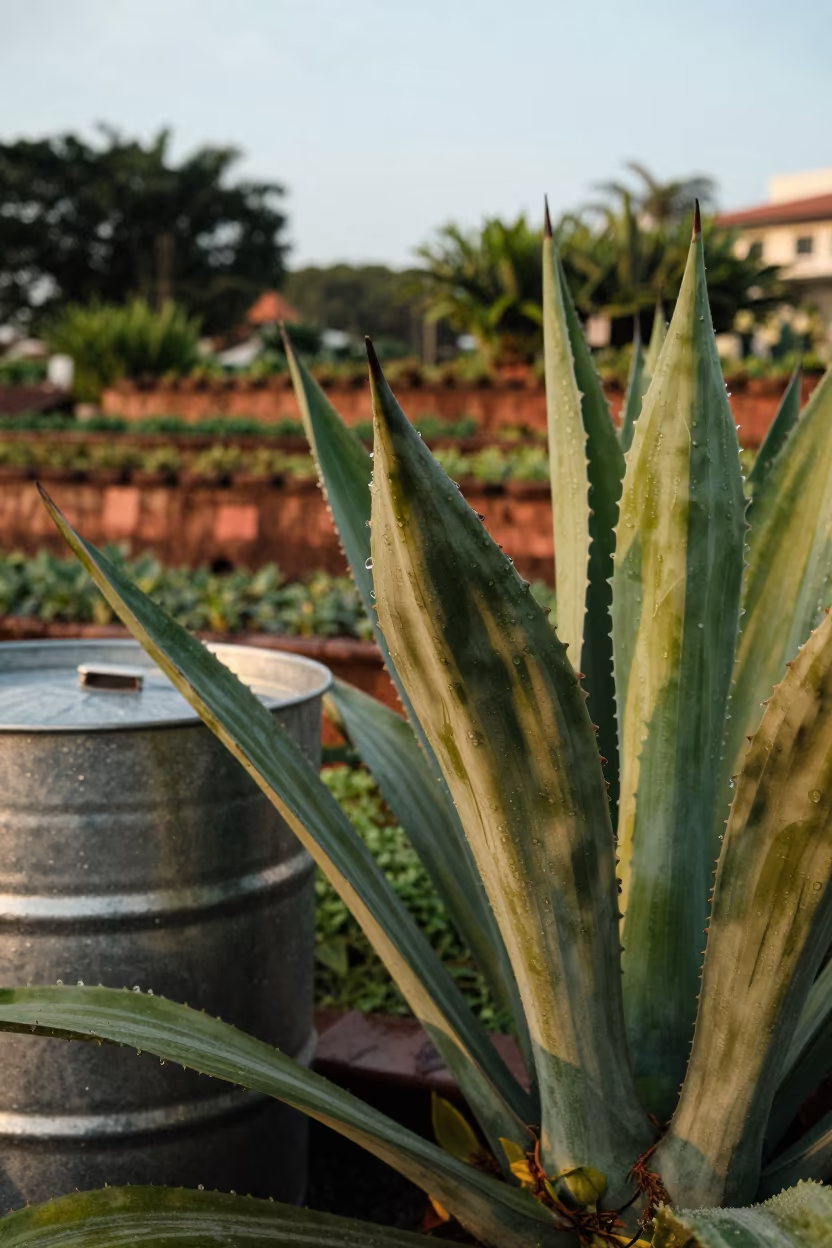 Rain Veins on Agave in Singapore Garden in among terraced garden plots near Singapore
