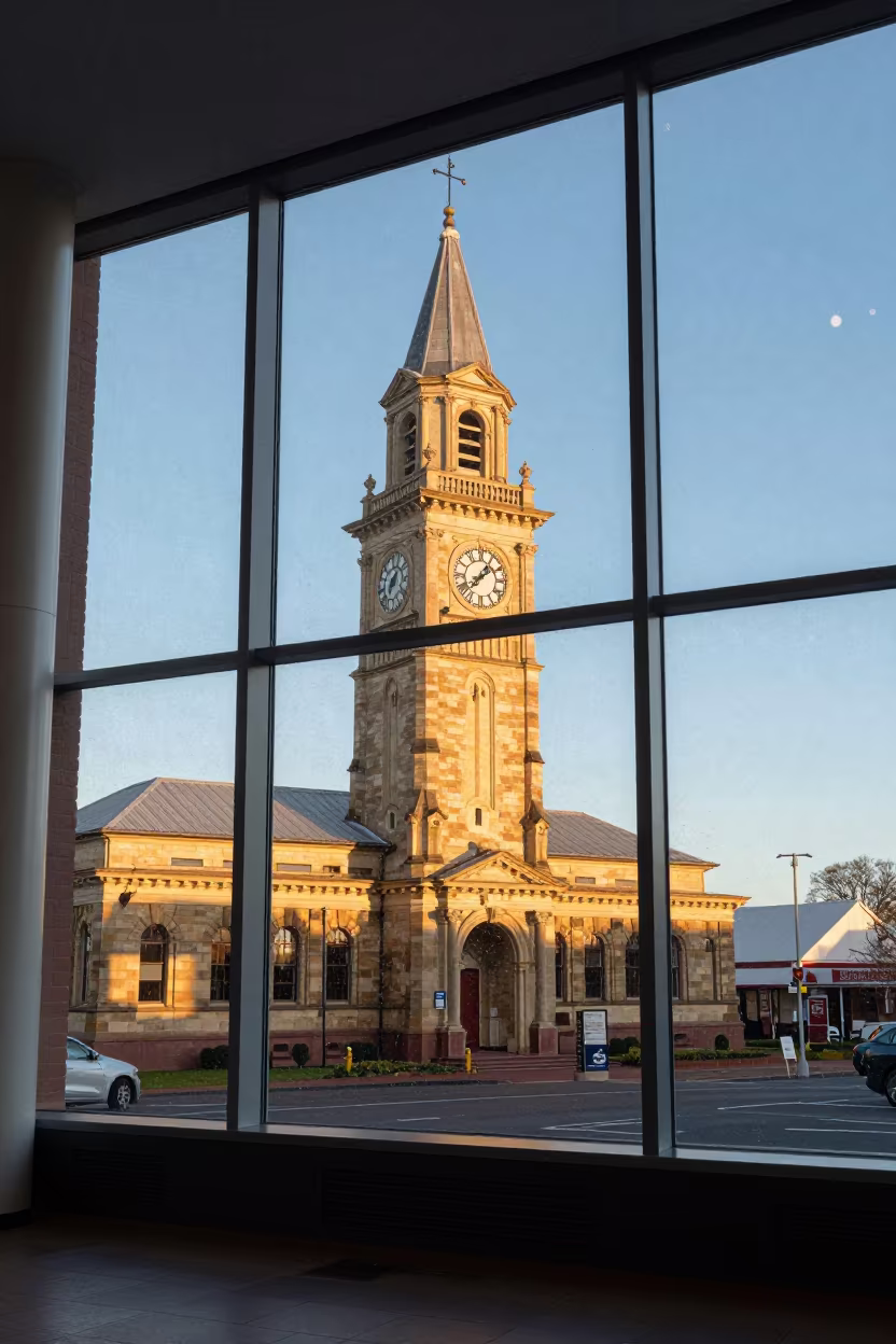 Rain View of City Hall Clock Tower at Sunset in in a community center hall near Oudtshoorn