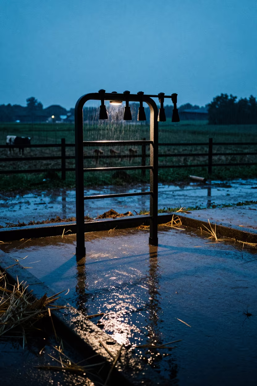 Rain Wash Nozzle Rack Against Monaco Blue Light in along a muddy paddock fence in Monaco