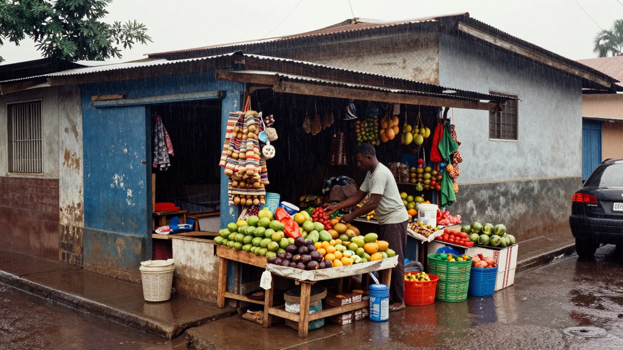 Rain-washed Accra street corner with shopkeeper and colorful goods in in Accra, Ghana